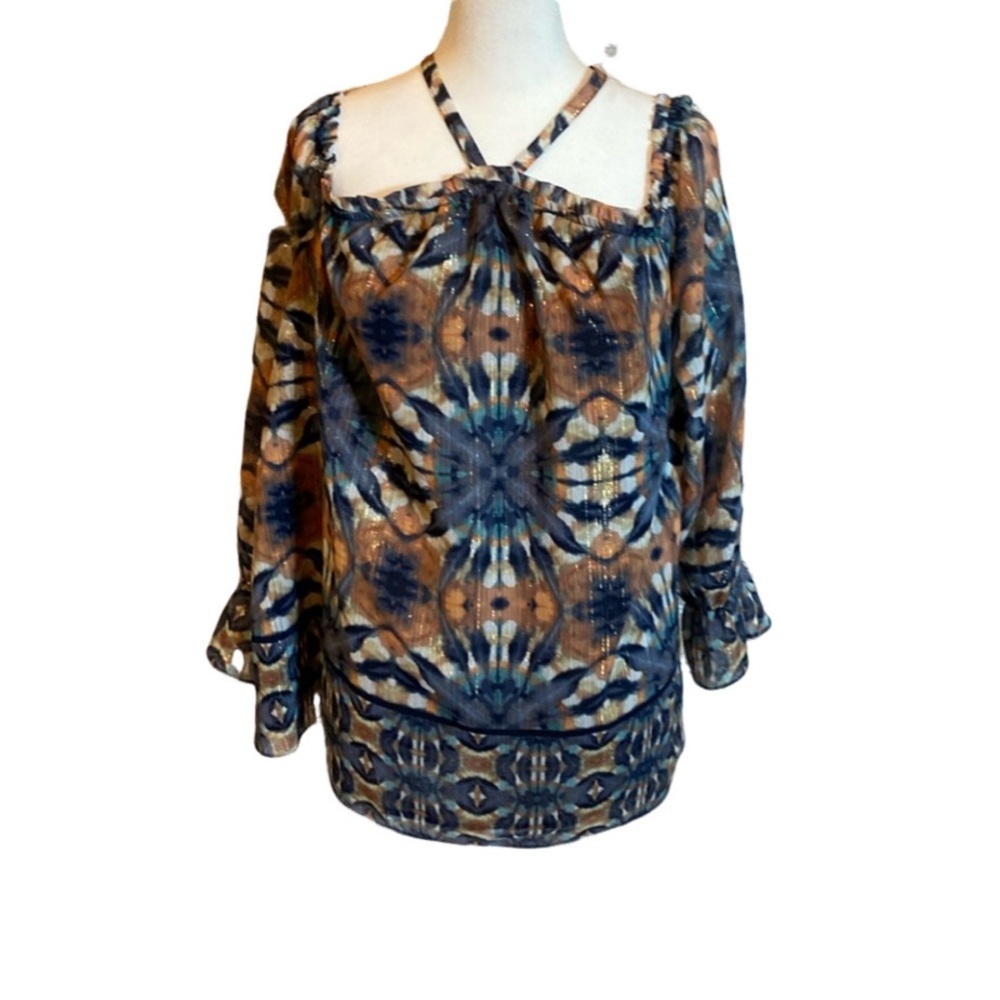 INC International Concepts sz L lined cold shoulder blouse. Blue. Sparkly!